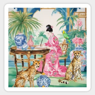 The Writer’s Den, whimsical chinoiserie painting Sticker